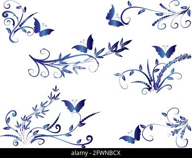 Kalligrafische Dekorationselemente mit Linien und Blatt und Blumen Schmetterling Stockfoto