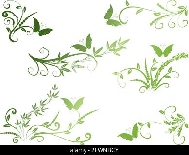 Kalligrafische Dekorationselemente mit Linien und Blatt und Blumen Schmetterling Stockfoto