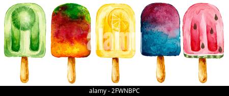 Satz von Aquarell-Eis isoliert auf weißem Hintergrund. Handgezeichnete Aquarellillustration. Stockfoto