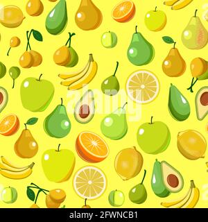 Die beliebtesten Früchte sind Obstbäume. Nahtloses Hintergrundbild. Flacher Cartoon-Stil. Äpfel, Birnen, Pflaumen, Bananen, Orangen, Zitronen, Kaki, AV Stock Vektor