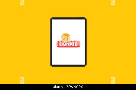 Spenden Online-Konzept. Smartphone mit Goldmünze und Taste auf dem Smartphone-Bildschirm. Stock Vektor