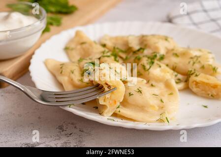 Kartoffelknödel mit Dill auf einem weißen Teller bestreut. Serviert mit Sauerrahm Stockfoto