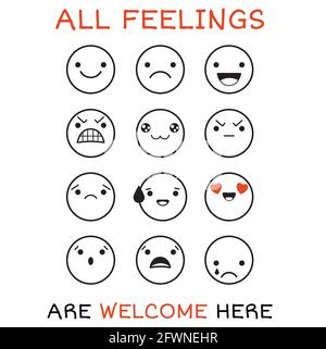 Alle Gefühle sind hier willkommen. Vektor-Banner mit Affirmation für Kinder Spielzimmer. Niedliche inspirierende Karte mit Emojis und Schriftzug. Motivierendes Zitat Stock Vektor