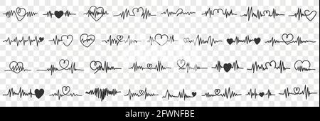 Liebe Kardiogramm Sammlung Doodle Set. Sammlung von handgezeichneten verschiedenen Kardiogrammen Bilder medizinischen Tests mit Liebe Einfluss in Reihen isoliert auf transparenten Hintergrund Stock Vektor