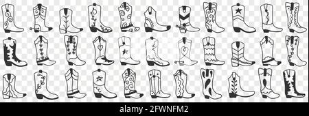 Verschiedene Cowboy Stiefel Doodle Set. Sammlung von handgezeichneten verschiedenen hohen Stiefeln im Cowboy-Stil zum Tragen in Reihen isoliert auf transparentem Hintergrund Stock Vektor