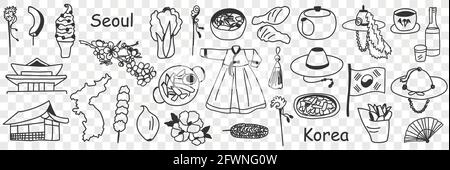 Asiatisch-koreanische Symbole Doodle Set. Sammlung von handgezeichneten verschiedenen traditionellen Zeichen Symbole von Korea für den Tourismus in Reihen isoliert auf transparentem Hintergrund Stock Vektor