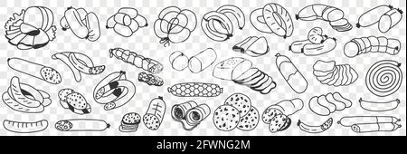 Leckere Fleischwürste Doodle Set. Sammlung von handgezeichneten verschiedenen Fleischwürste ganz und in Stücke geschnitten für den Verzehr in Reihen isoliert auf transparentem Hintergrund Stock Vektor