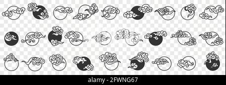 Mond mit Wolken Doodle Set. Sammlung von handgezeichneten verschiedenen weißen und schwarzen Vollmond mit Wolken fliegen über in Reihen isoliert auf transparentem Hintergrund Stock Vektor