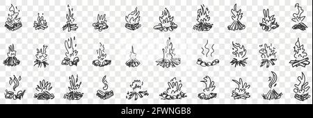 Brennende Flamme Doodle Set. Sammlung von handgezeichneten verschiedenen brennenden natürlichen Flammenfeuer in Reihen isoliert auf transparentem Hintergrund Stock Vektor