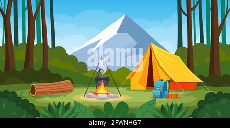 Sommerlager im Wald mit Lagerfeuer, Zelt, Rucksack Stock Vektor