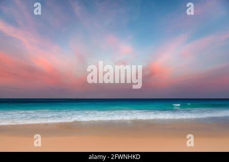 California Beach bei Sonnenuntergang. Rosa Wolken und blaues Meer. Sonnenuntergang am tropischen Strand in Los Angeles, Kalifornien. Stockfoto