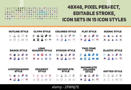 Abstimmen Verwandte Pixel Perfect Icon Design Set in 15 verschiedenen Stilen Vektorgrafik auffällige Icon Set. Perfekt für Website, Präsentation, App Stock Vektor