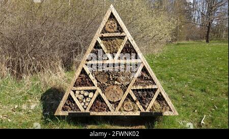 Insektenhotel. Holzstruktur mit natürlichem Material gefüllt bereit, Insekten während des Frühlings willkommen. Stockfoto