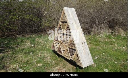 Insektenhotel. Holzstruktur mit natürlichem Material gefüllt bereit, Insekten während des Frühlings willkommen. Stockfoto