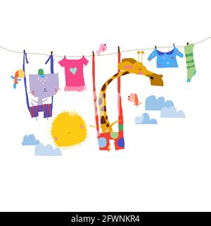 Glückliche Tiere schwingen auf Wäscheleine im Himmel Stock Vektor