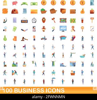 100 Business Icons gesetzt. Cartoon Illustration von 100 Business-Icons Vektor-Set isoliert auf weißem Hintergrund Stock Vektor