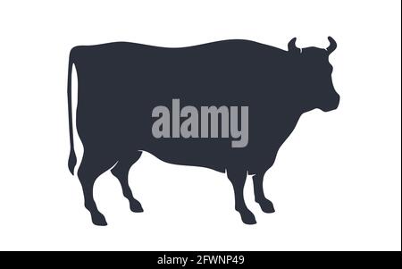 Kuh- oder Stiersilhouette. Schwarz-weiß isolierte Kuh- oder Stiersilhouette. Vintage Retro-Druck für Fleischgeschäft, Fleischgeschäft, Restaurantkarte. Logo, Schild Kuh oder Stier für Metzgerei. Vektorgrafik Stock Vektor