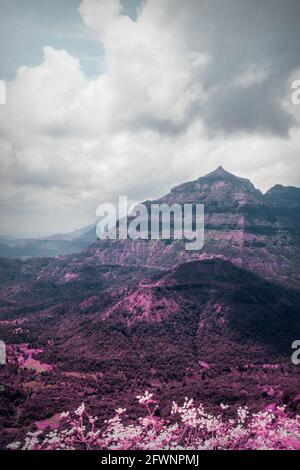 Schöne Infrarotlandschaft der grünen Hügel und Täler bei Malshej Ghat in Maharashtra, Indien Stockfoto