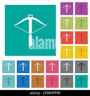 Bunte, flache Armbrust-Symbole auf einfarbigem, quadratischem Hintergrund. Weiße und dunklere Symbolvarianten für schwebe- oder aktive Effekte. Stock Vektor