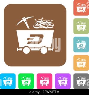 Dash Cryptocurrency Mining mit Schatzflachsymbolen auf abgerundeten quadratischen, lebendigen Farbhintergründen. Stock Vektor