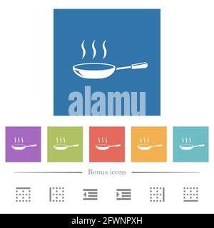 Glänzende, dampfende Bratpfanne, flache weiße Symbole auf quadratischem Hintergrund. 6 Bonus-Symbole enthalten. Stock Vektor