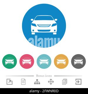 Sportwagen Vorderansicht flache weiße Symbole auf runden farbigen Hintergründen. 6 Bonus-Symbole enthalten. Stock Vektor