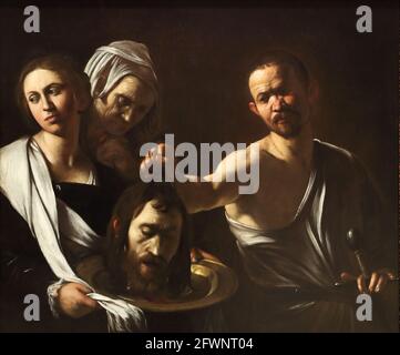 Salome empfängt das Haupt Johannes des Täufers vom italienischen Barockmaler Michelangelo Merisi da Caravaggio in der National Gallery, London, Großbritannien Stockfoto