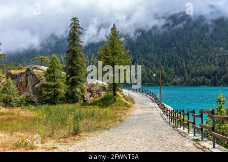 Schmale Strecke entlang des Lago di Ceresole und grüne Bäume im Piemont, Norditalien. Stockfoto