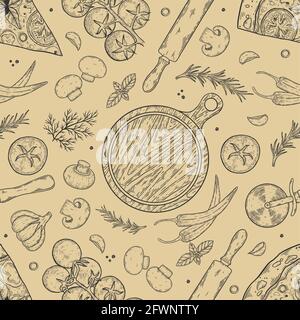 Handgezeichnetes Vektor-Nahtloses Muster mit Pizza. Skizzenstil. Perfekt für Broschüren, Karten, Poster, Drucke, Menüs, Broschüren Stock Vektor