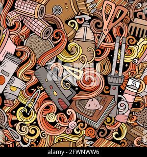 Friseursalon Hand gezeichnete Kritzeleien nahtlose Muster. Frisur Hintergrund. Stock Vektor