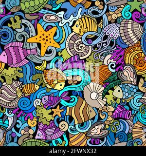 Cartoon Kritzeleien Sea Life nahtloses Muster. Stock Vektor