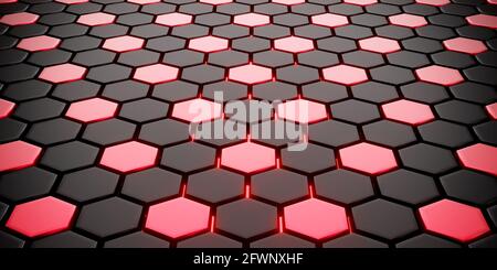 3d-Rendering von abstraktem Hintergrund mit schwarzen und roten Sechsecken. Abstrakter und futuristischer Hintergrund. Stockfoto