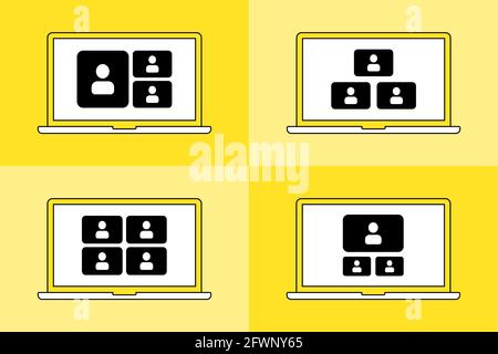 Symbole festlegen. Online-Videoanruf auf dem Laptop. Vier Geräte, mehr Benutzer Stock Vektor