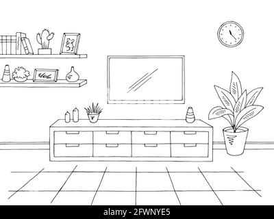 Wohnzimmer Grafik schwarz weiß Interieur Skizze Illustration Vektor Stock Vektor