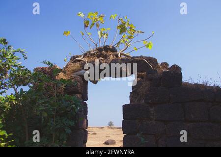 Eine Ruine einer alten zerstörten portugiesischen Kirche in Goa in Indien. Stockfoto