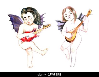 Teufelsengel mit roter E-Gitarre und anderen Spielen auf Mandoline, isoliert auf weiß handbemalter Aquarellillustration Stockfoto