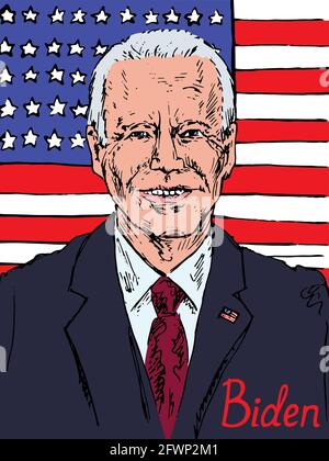 Porträt von Joseph Robinette Biden Jr, dem Präsidenten von Amerika, handgezeichneter hintergrund mit amerikanischer Flagge Stockfoto