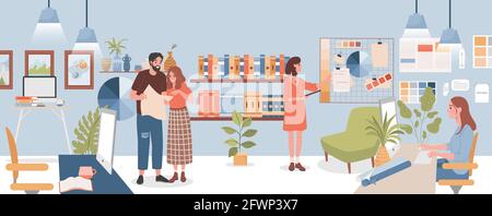 Design Studio Vektor flache Illustration. Glücklich lächelnde Kollegen diskutieren Arbeit, junge Frau machen Design-Projekt am Computer. Gemütliches Werkstatt- oder Designer-Büro-Innenraumkonzept. Stock Vektor