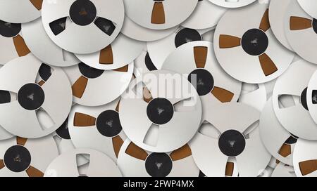 Vintage Aluminium Spule Spule Magnetbänder Set abstrakt nahtlose geometrische Muster Hintergrund. Stockfoto