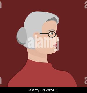 Porträt einer weißhaarigen alten Frau mit einer Brille in rotem Schweter. Der Kopf einer europäischen alten faltigen Frau im Profil. Avatar In Sozialen Medien. Vektor Fl Stock Vektor