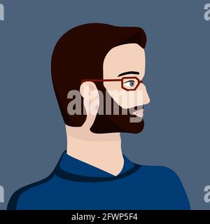 Porträt eines dunkelhaarigen Mannes mit Brille in blauem Schweter. Der Kopf eines jungen europäischen Mannes im Profil. Avatar In Sozialen Medien. Vektorgrafik: Flache Darstellung Stock Vektor