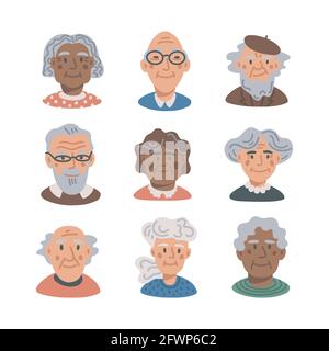 Avatar für ältere Menschen eingestellt. Porträts von alten Menschen auf weißem Hintergrund. Flache Vektorgrafik für ältere Menschen. Stock Vektor