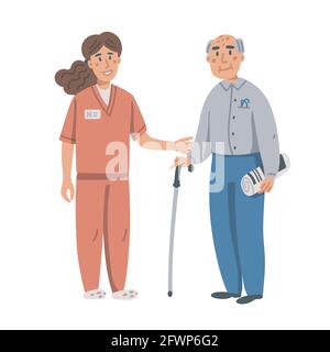 Junge Krankenschwester hilft und unterstützt älteren Mann. Junge Frau und alter Mann auf weißem Hintergrund. Pflegeheim. Senioren Gesundheitshilfe flach Stock Vektor