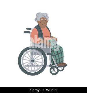 Afran-amerikanische ältere Frau im Rollstuhl. Großmutter sitzt auf einem Rollstuhl auf weißem Hintergrund. Pflegeheim. Medizinische Hilfe für Senioren Stock Vektor