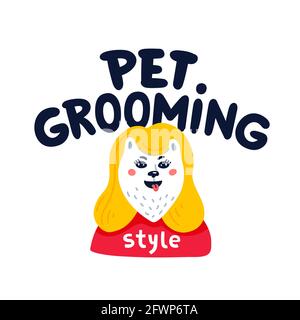 Logo für die Tierpflege. Happy Dog PET Grooming Schriftzug auf weißem Hintergrund. Hundepflege, Pflege, Hygiene, Gesundheit. Tierhandlung, Zubehör. Vektor mit flachem Stil Stock Vektor