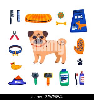 Haustierpflegekonzept. Niedliche Pug und Hundepflegeprodukte auf weißem Hintergrund. Hundepflege, Pflege, Hygiene, Gesundheit. Tierhandlung, Zubehör. Vektor mit flachem Stil Stock Vektor