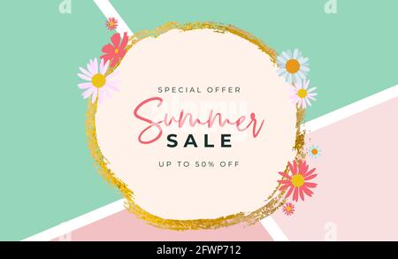 Poster zum Sommerverkauf. Natürlicher Hintergrund mit Rahmen und Blumen. Vektorgrafik Stock Vektor