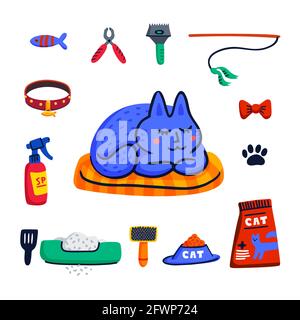 Konzept für die Tierpflege. Niedliche schlafende Katze und Set von Katzen Accessoires. Tierhandlung, Pflege, Pflege, Hygiene, Gesundheit. Vektorgrafik im flachen Stil. Stock Vektor