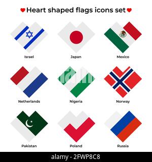 Symbole für herzförmige Flaggen gesetzt. Flag-Symbol in einfacher rechteckiger Herzform. Vektorsymbol, Symbol, Schaltfläche. Abbildung in flacher Ausführung Stock Vektor