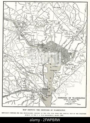 Karte mit Verteidigungslinien von Washington. Speziell zusammengestellt für die fotografische Geschichte des Bürgerkrieges aus der offiziellen Karte des Ingenieurbüros des US-Kriegsministeriums aus dem Jahr 1865 Stockfoto